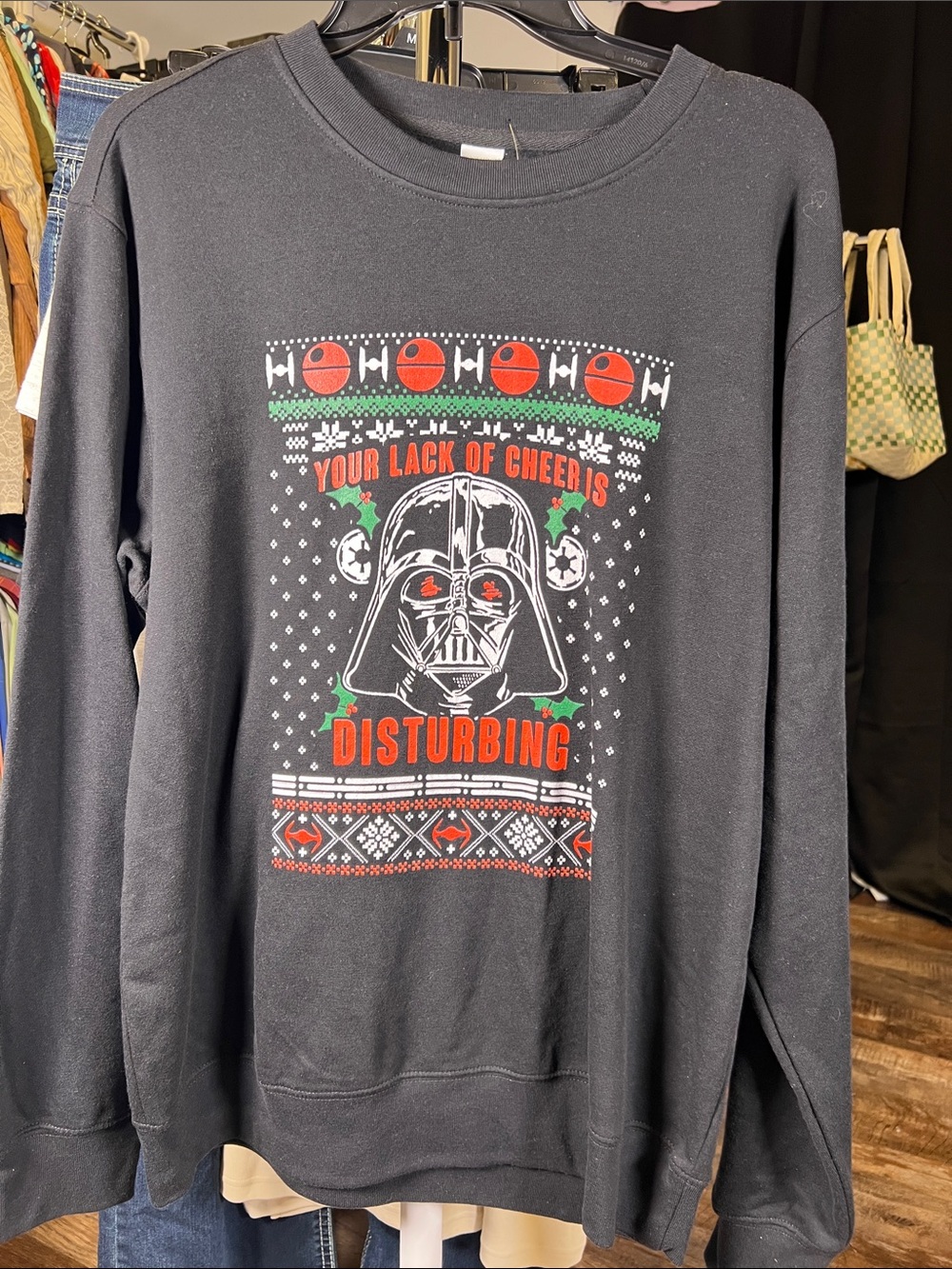 Star Wars Black Crewneck Sweatshirt with Red & Green Holiday Graphic